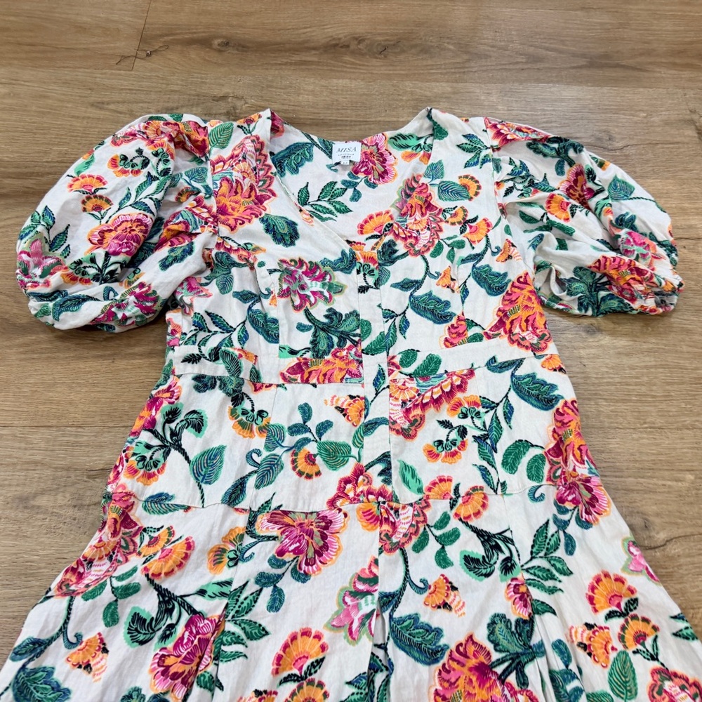 Misa Los Angeles Jamila Dress Floral Puffy Sleeve High Low Midi - Picture 9 of 12